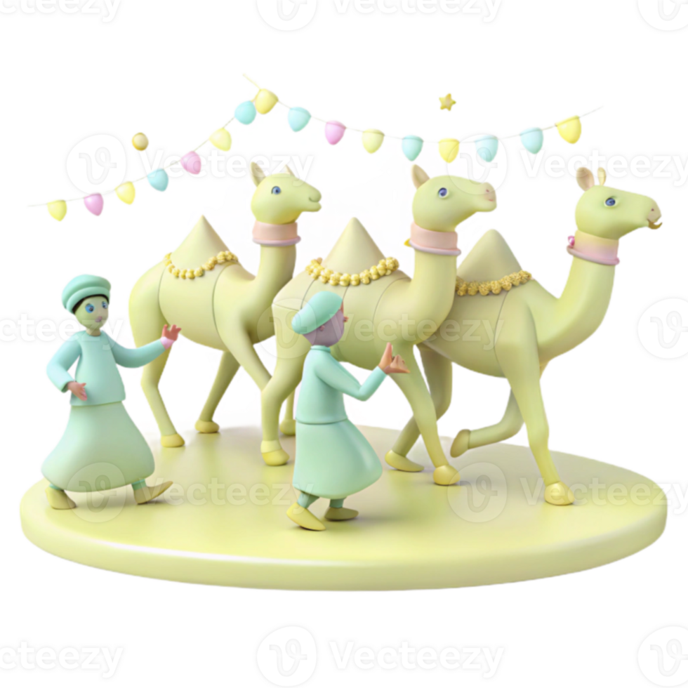 Three Camels and Two Figures in a Festive Setting png