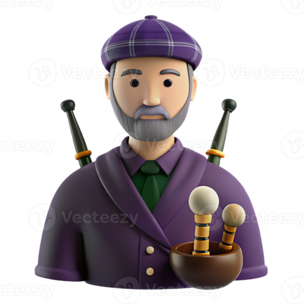 3D Render of a Man in a Purple Kilt Holding Bagpipes png