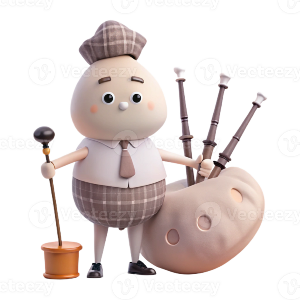 Cute Cartoon Character in Scottish Kilt Playing Bagpipes png
