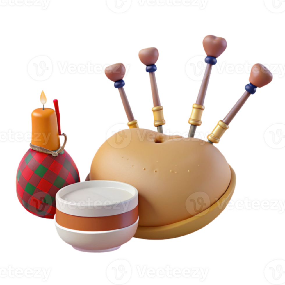 3D Rendered Bagpipe with Candle and Bowl png