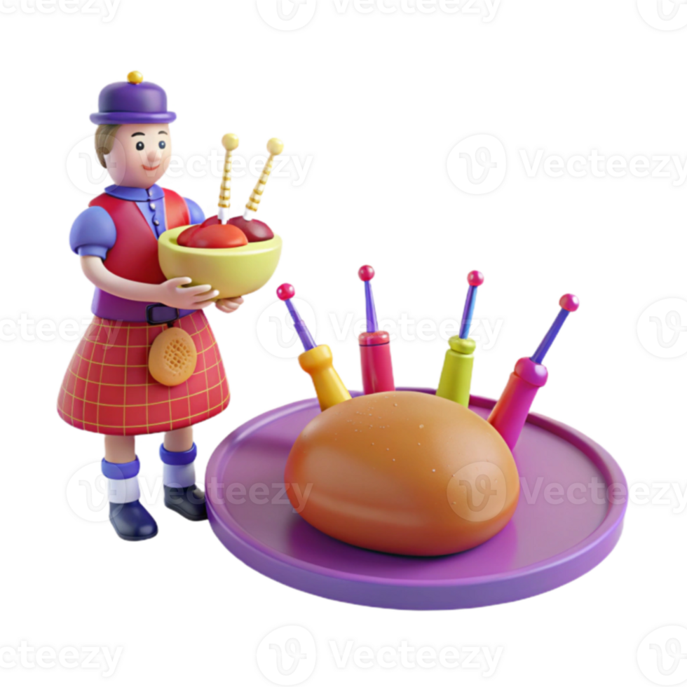 Cartoon Character Serving a Round Dessert with Colorful Toppings png