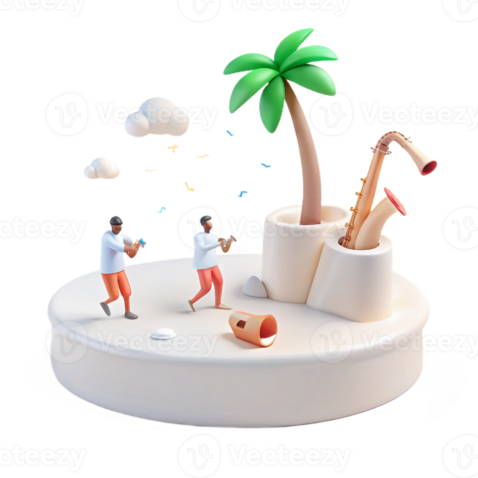 3D Render of a Tropical Island with Saxophone and Two People Dancing png