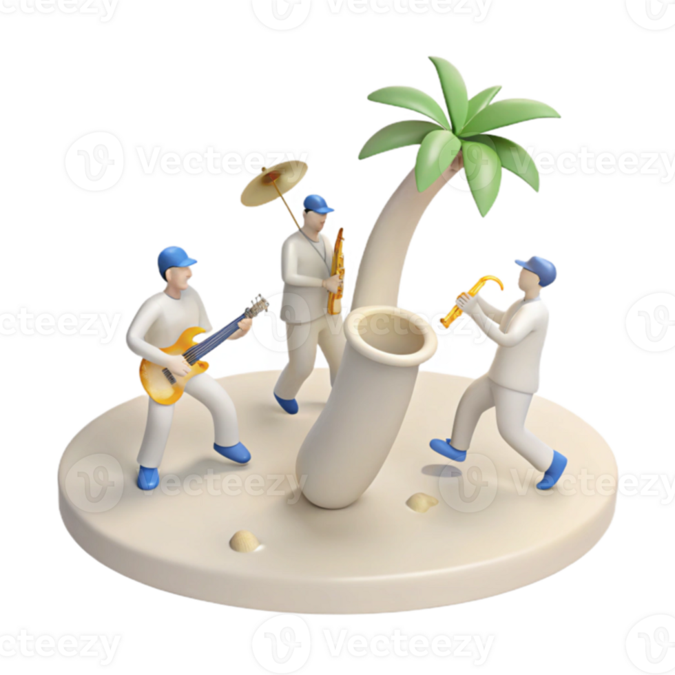 Tropical Island Music Band 3D Illustration of Musicians Playing on a Beach png