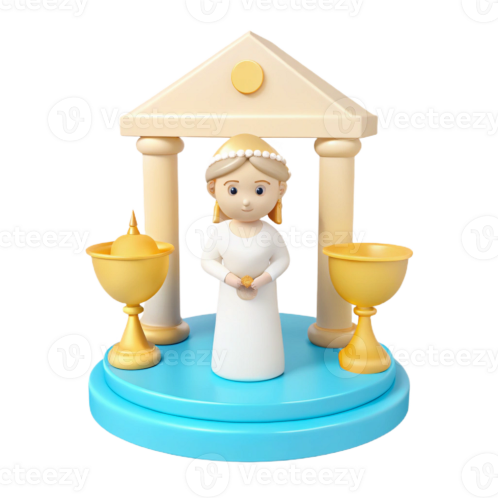 3D Render of a Woman in a White Dress Standing in a Temple with Golden Chalices png