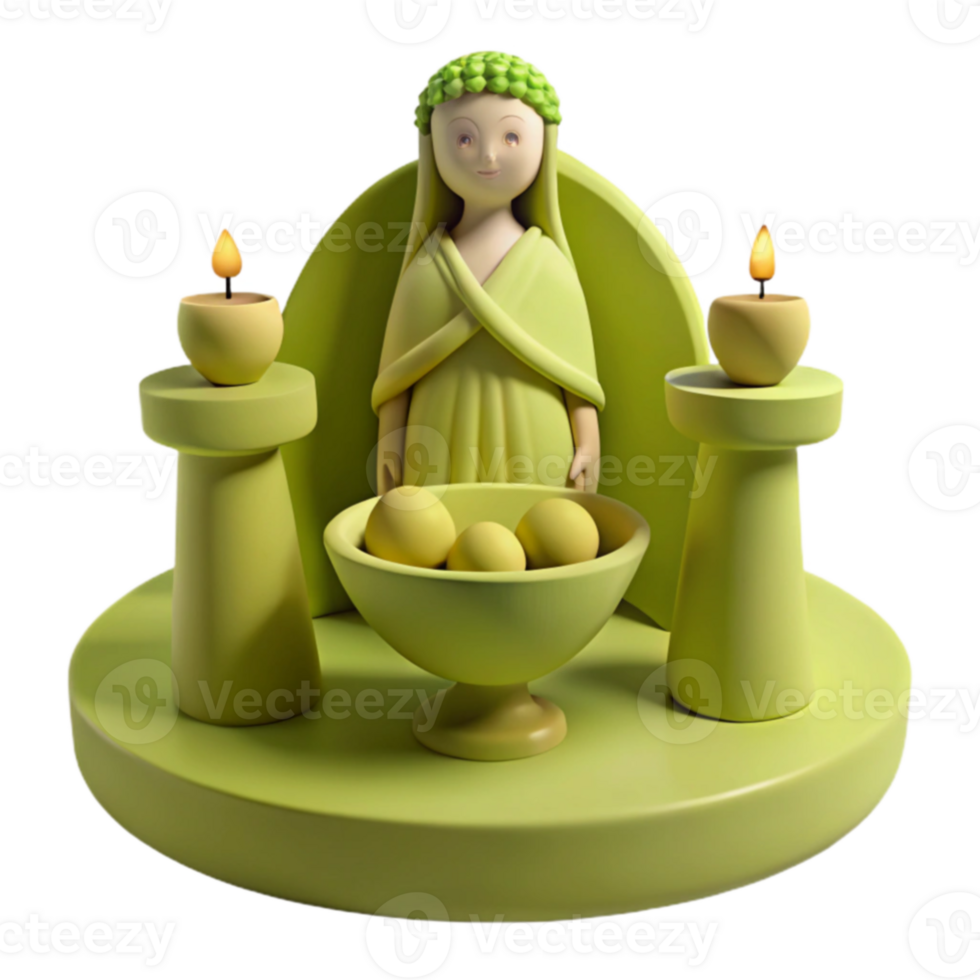 3D Rendered Figurine of a Woman with Candles and Fruit png