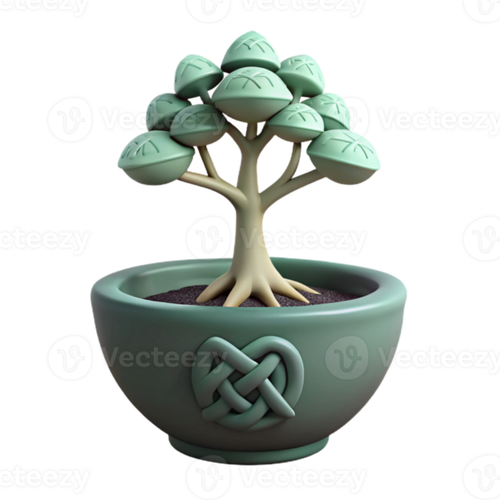 3D Rendered Green Bonsai Tree with Celtic Knot Design Pot png