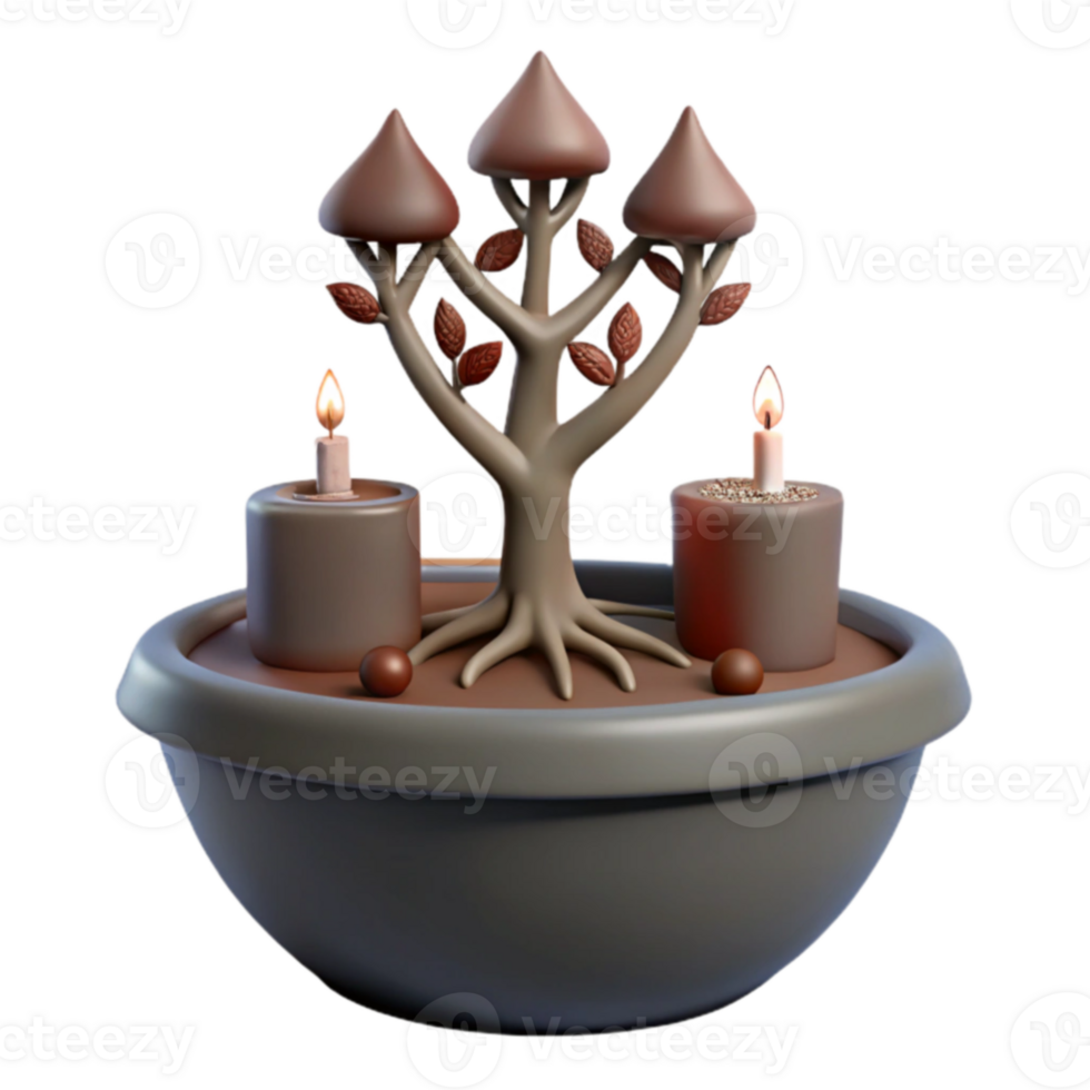 3D Rendered Tree with Candles in Pot png