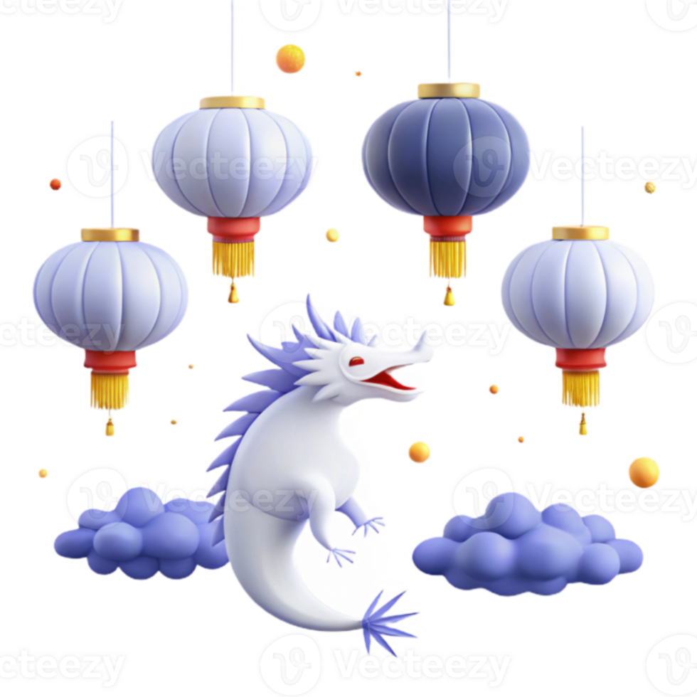 White Dragon with Lanterns and Clouds png
