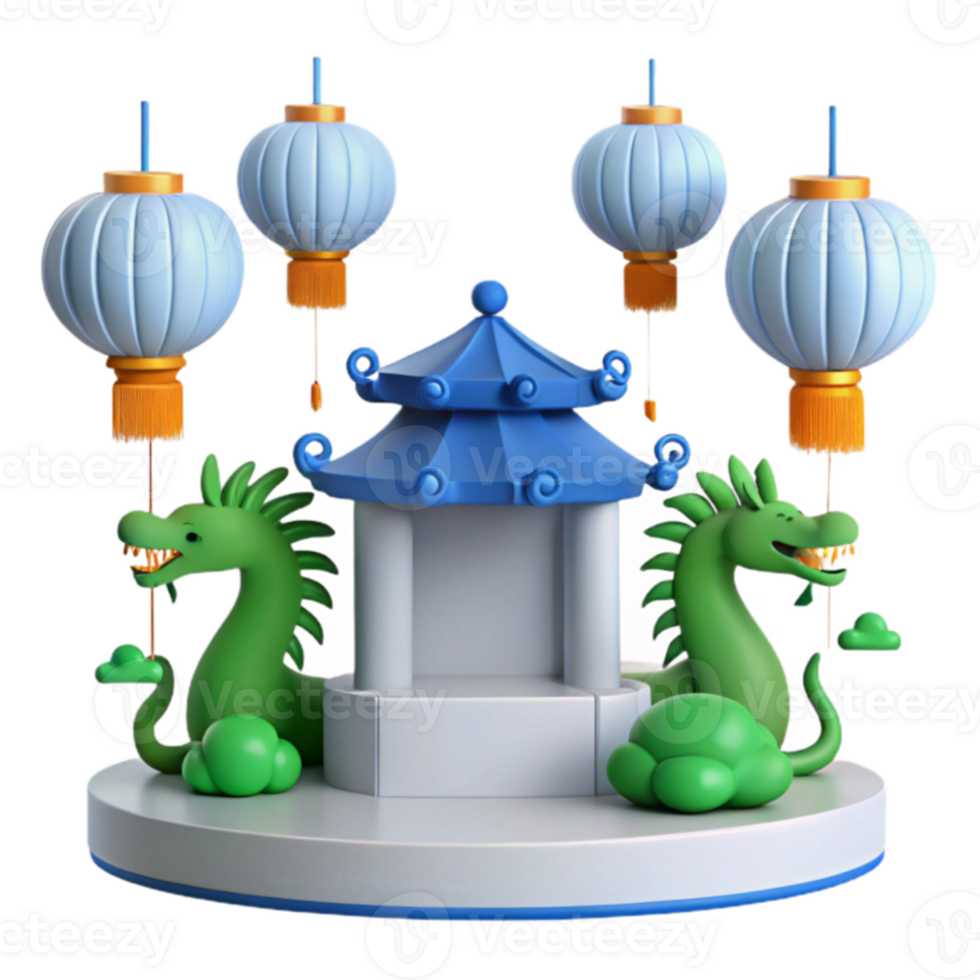 3D Illustration of a Pagoda with Dragons and Lanterns png