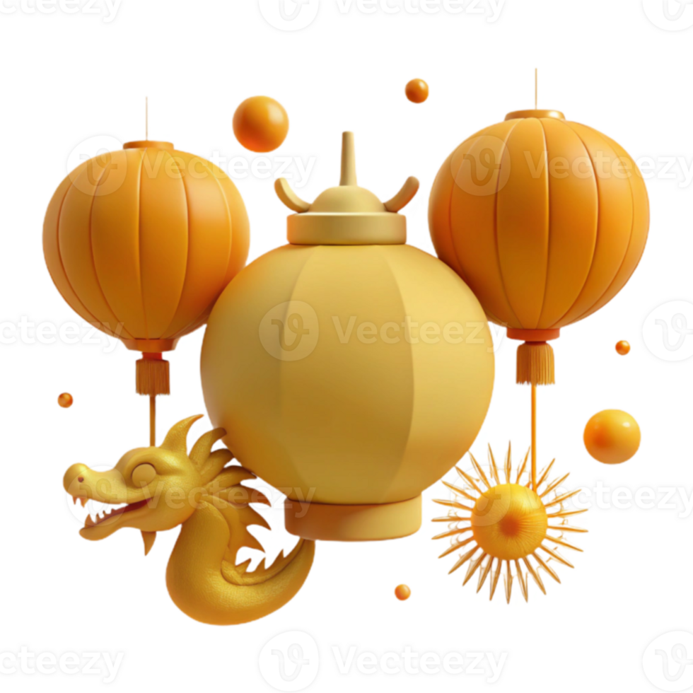 Golden Lanterns and Dragon Decorations png