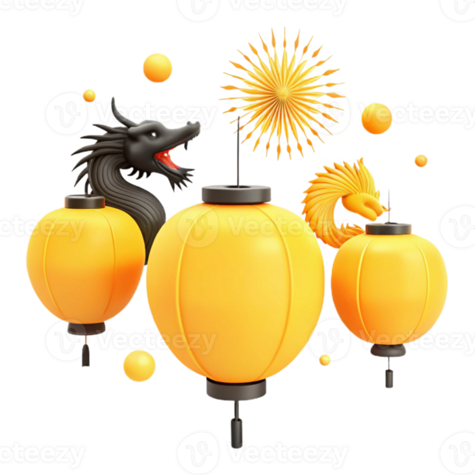 Yellow Lanterns with Black Dragon and Golden Firework png