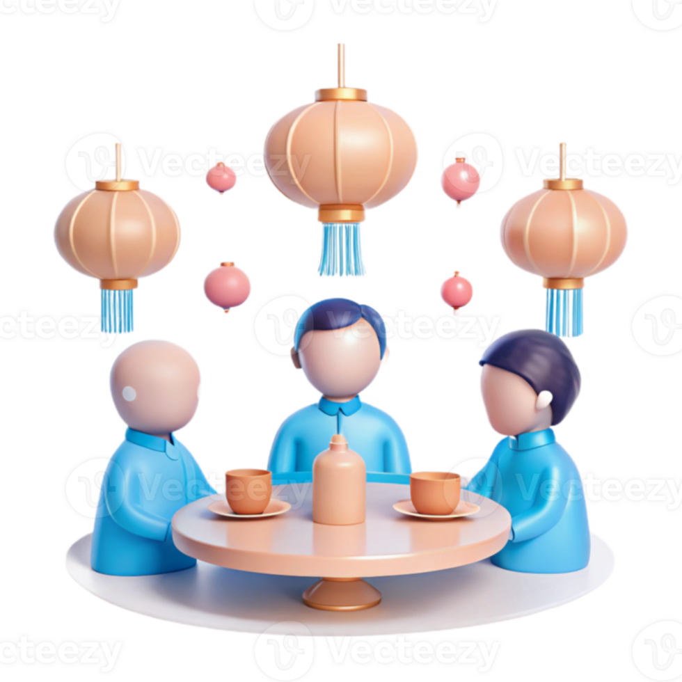 3D Render of People Enjoying Tea Around a Table with Lanterns Above png