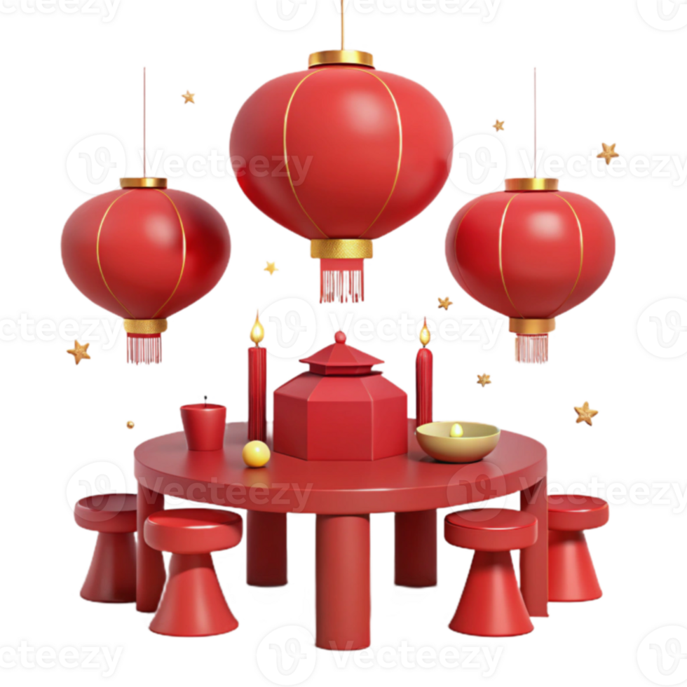 Red Lanterns and a Round Table with Stools png