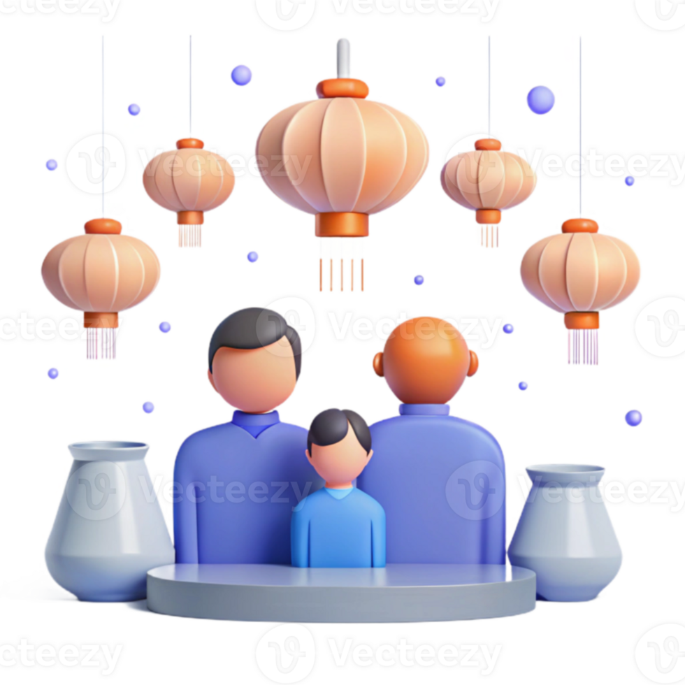 3D Illustration of Family Celebrating with Lanterns png