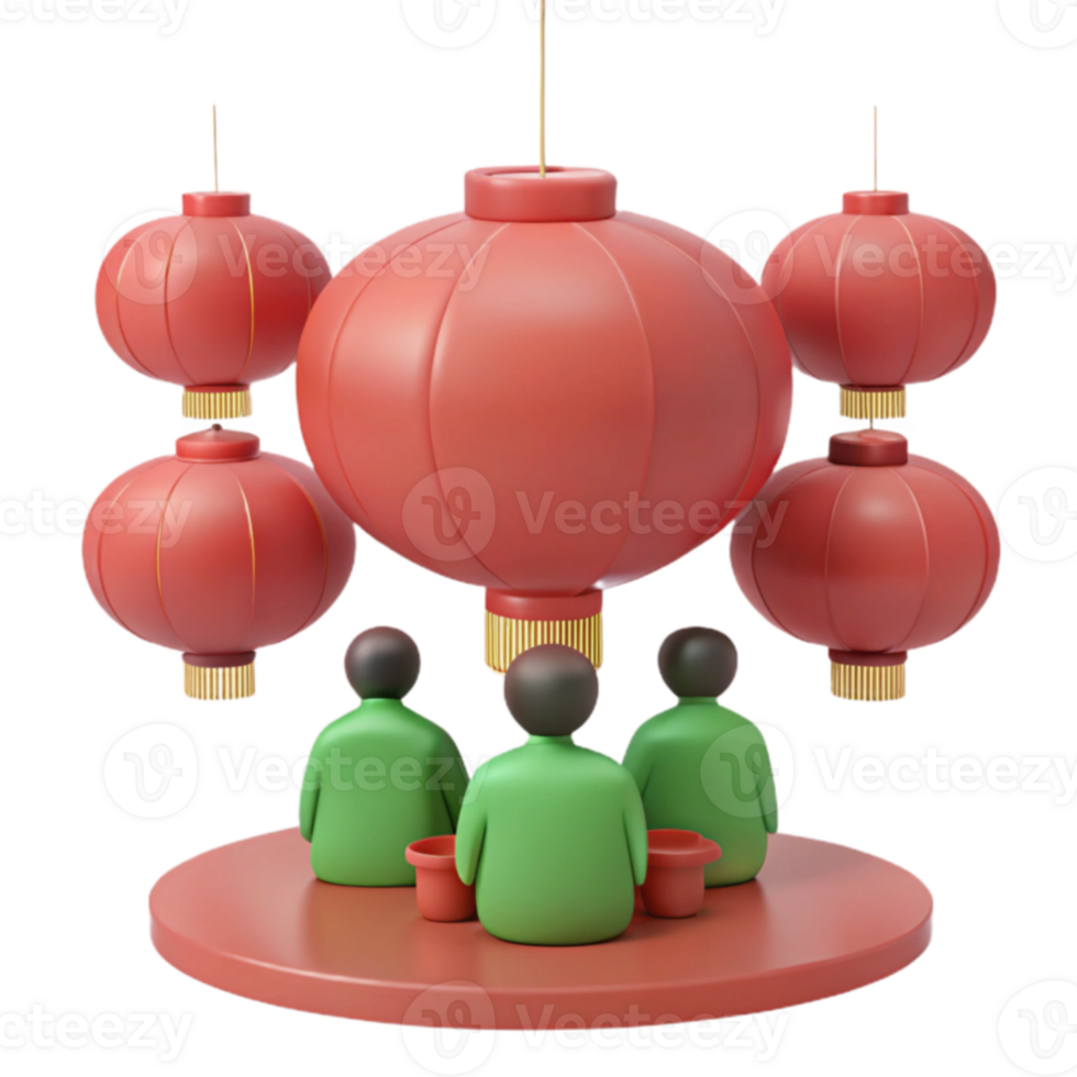 Red Lanterns Hanging Above Three People Sitting on a Platform png