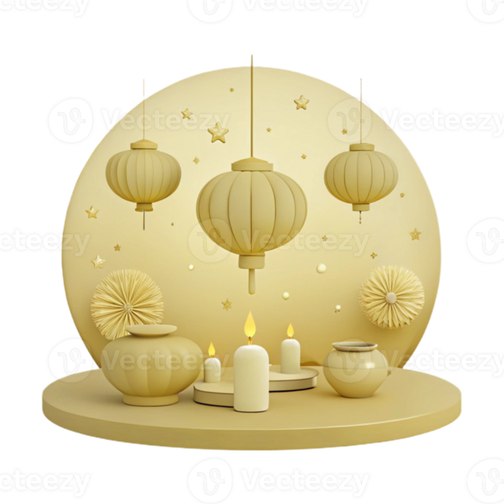 Golden Lanterns and Candles on a Circular Platform png