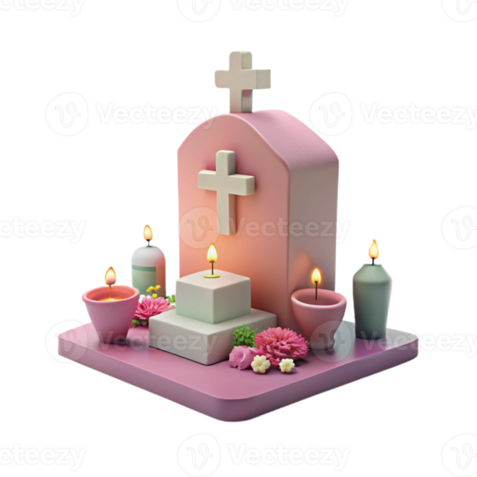 3D Render of a Gravestone with Candles and Flowers png