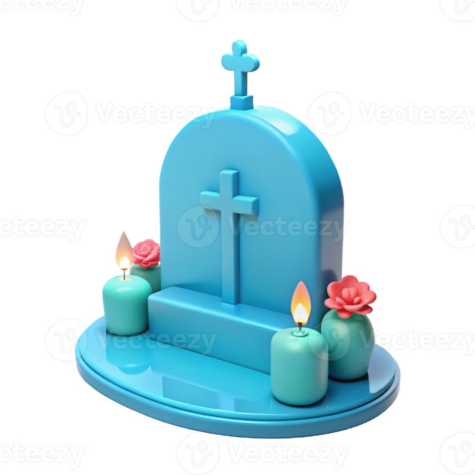 3D Render of a Gravestone with Cross, Flowers, and Candles png