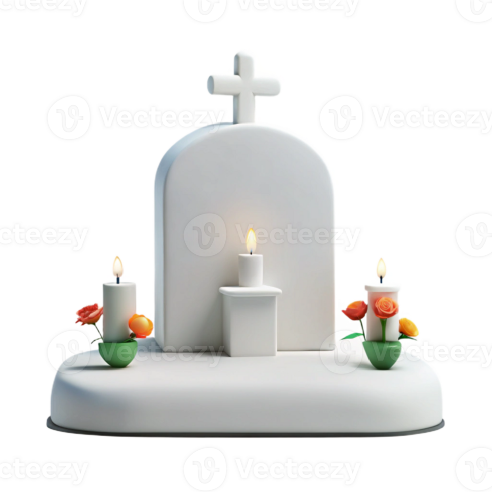 White Gravestone with Cross and Burning Candles png