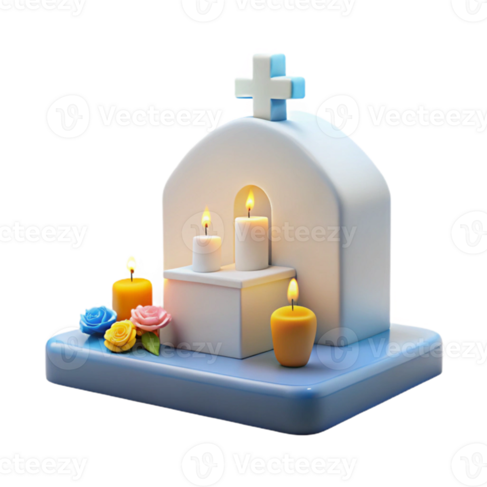 3D Render of a Tombstone with Candles and Flowers png