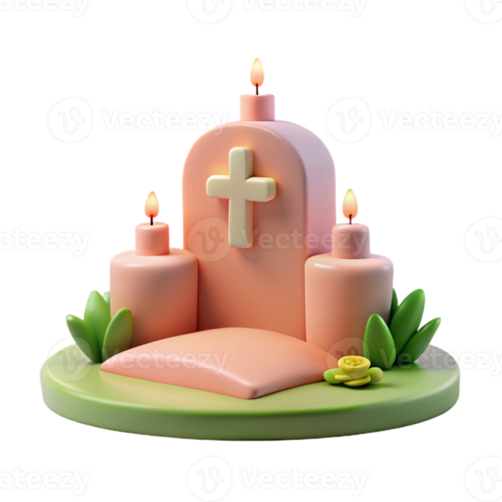 3D Render of a Memorial with a Cross, Candles, and Flowers png