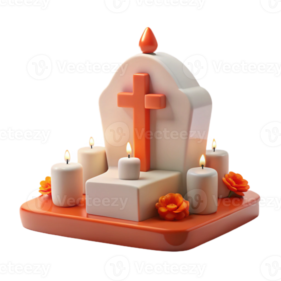 3D Rendered Gravestone with Cross and Candles png