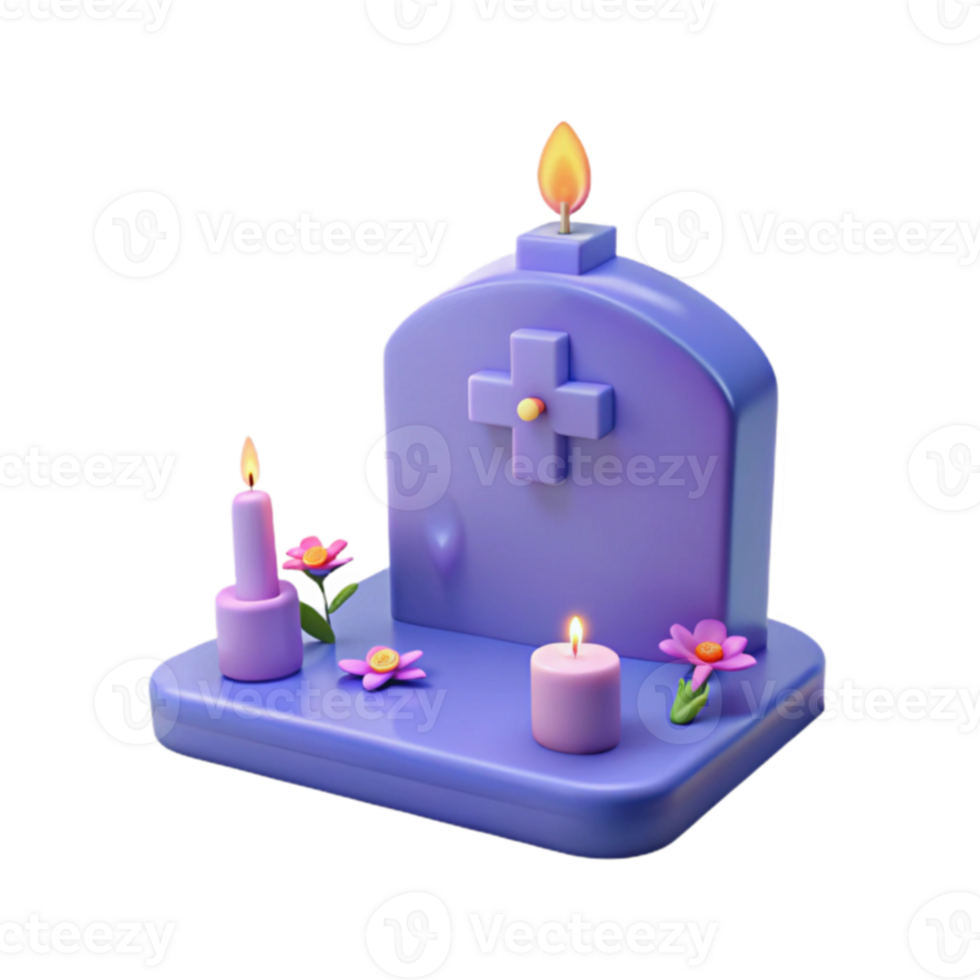 3D Illustration of a Purple Gravestone with Candles and Flowers png