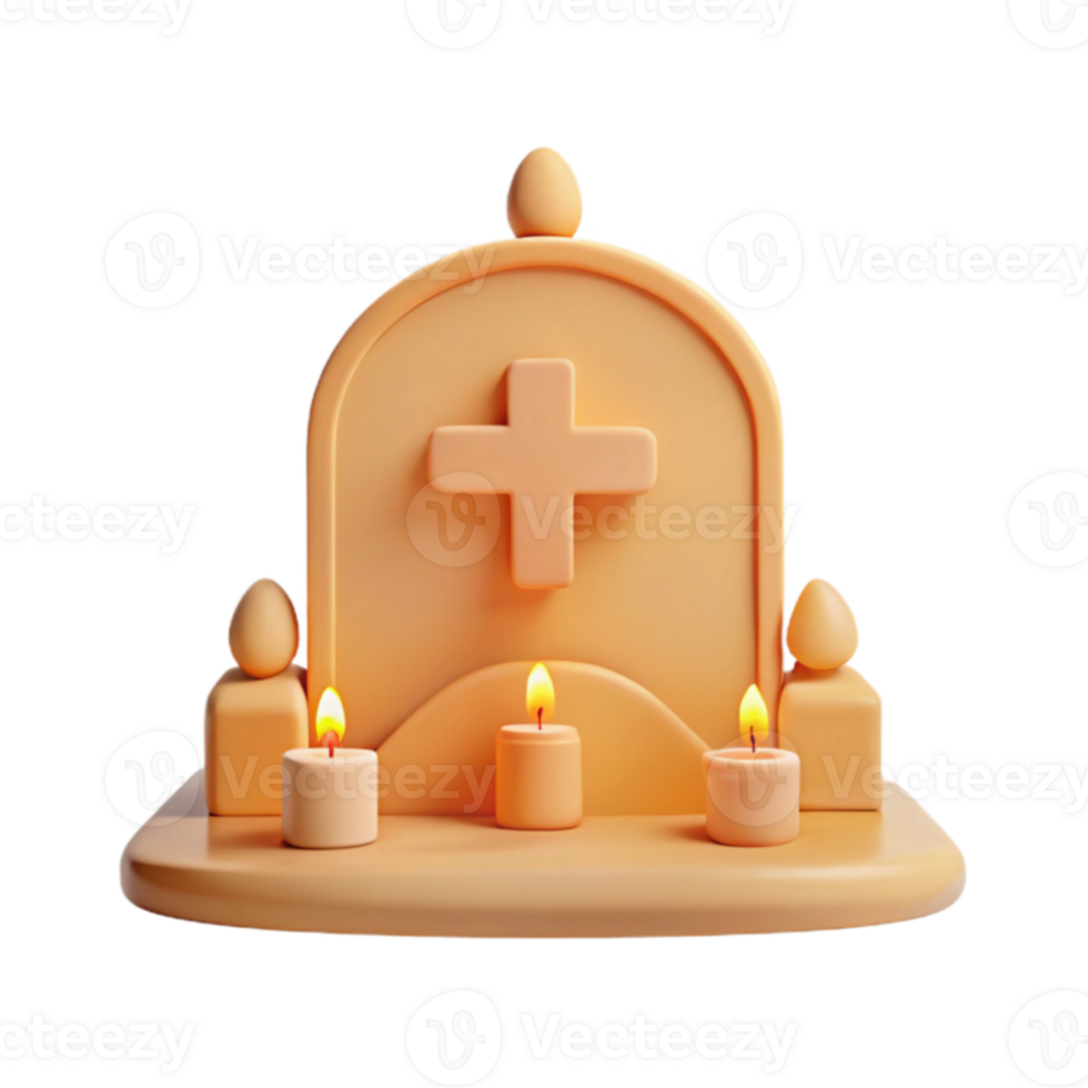 3D Render of Tombstone with Cross and Burning Candles png