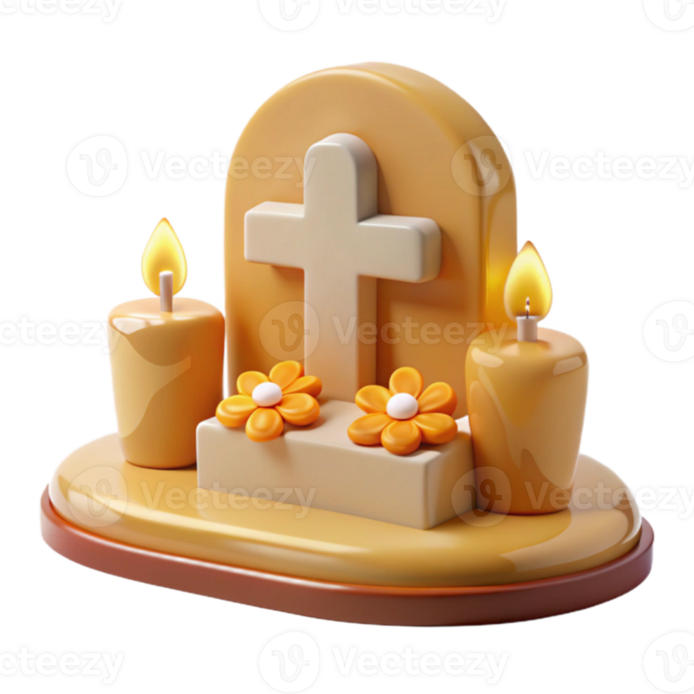 3D Render of a Gravestone with Candles and Flowers png