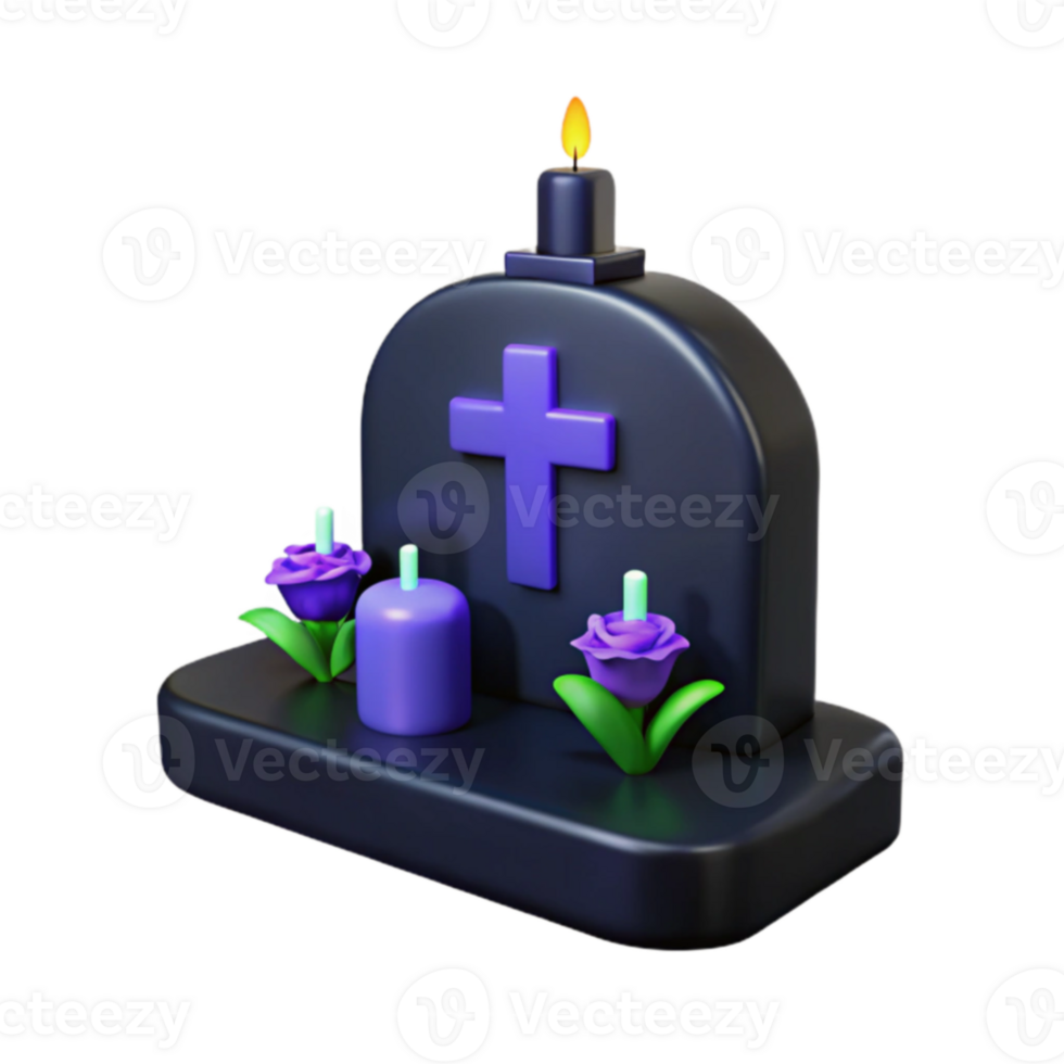 3D Render of a Tombstone with Candles and Flowers png