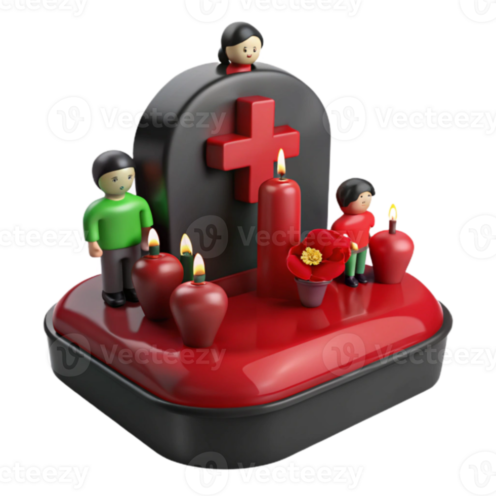 3D Render of a Memorial Scene with Candles, Flowers, and Figures png