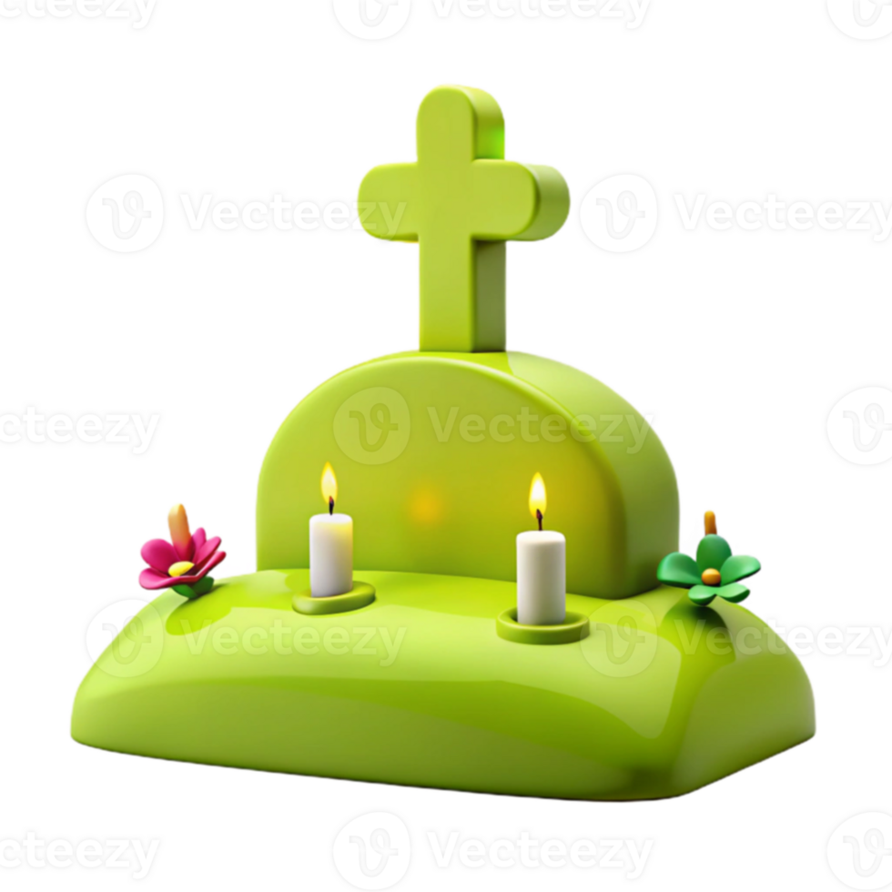 3D Render of a Green Grave with a Cross and Two Lit Candles png