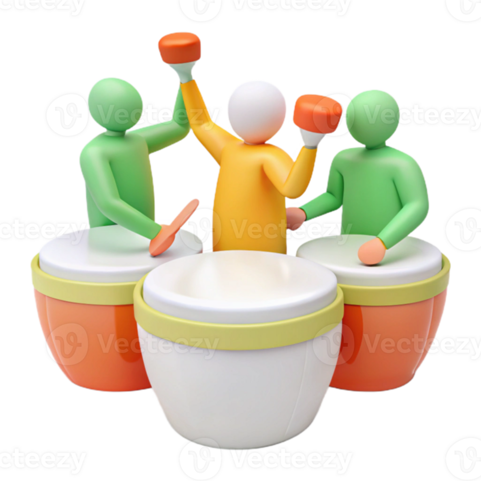Cheerful 3D Characters Playing Drums Together png