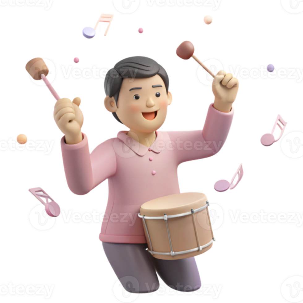 Joyful 3D Character Playing a Drum with Musical Notes png