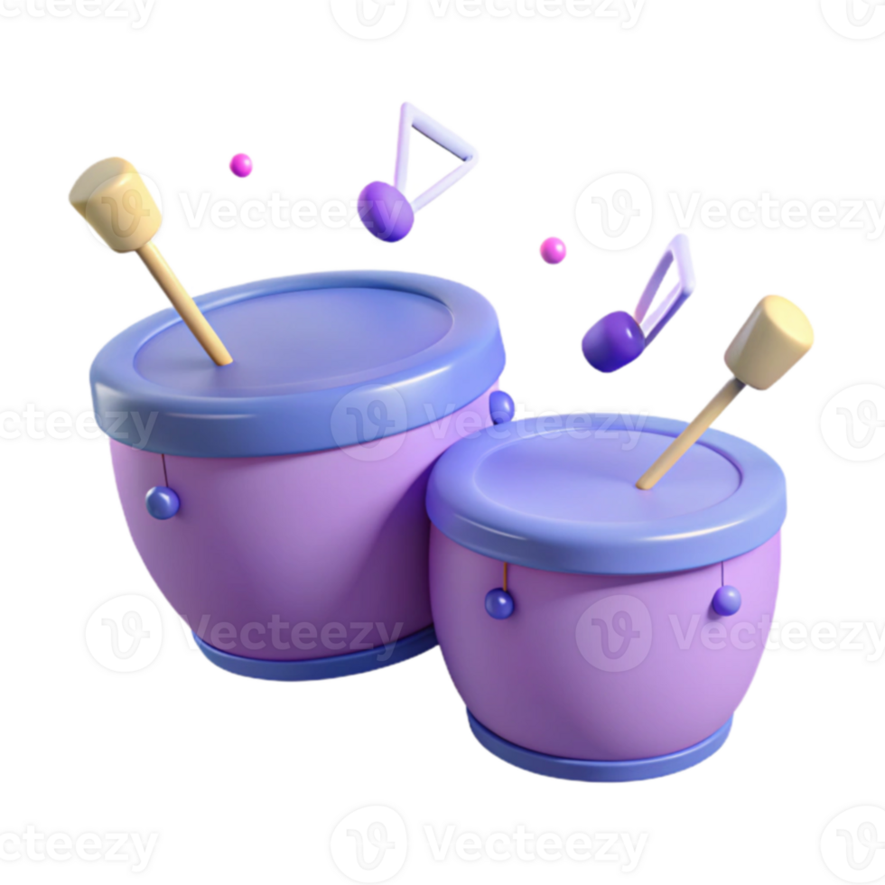 Purple and Blue Drum Set with Sticks and Music Notes png