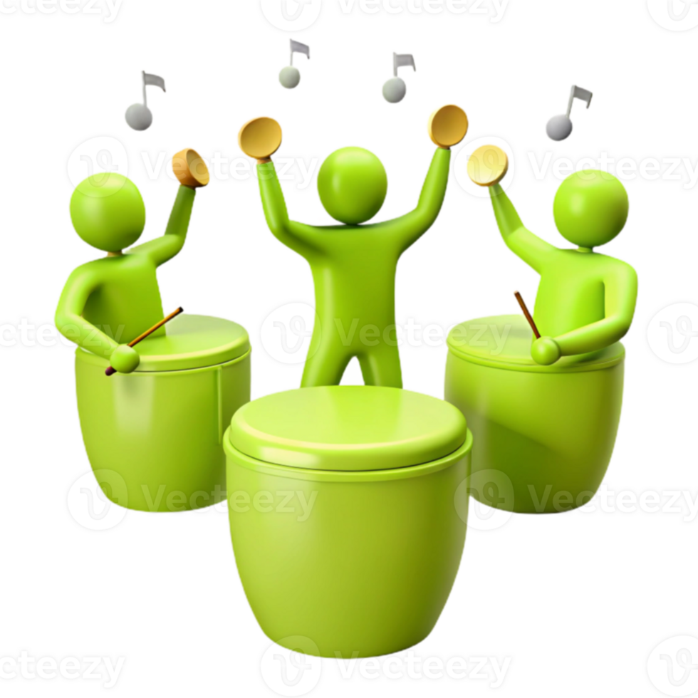 Green Stick Figures Playing Drums With Music Notes png