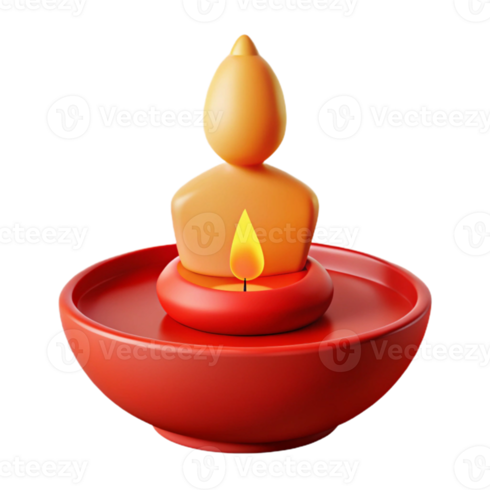 3D Render of a Lit Candle in a Red Bowl png