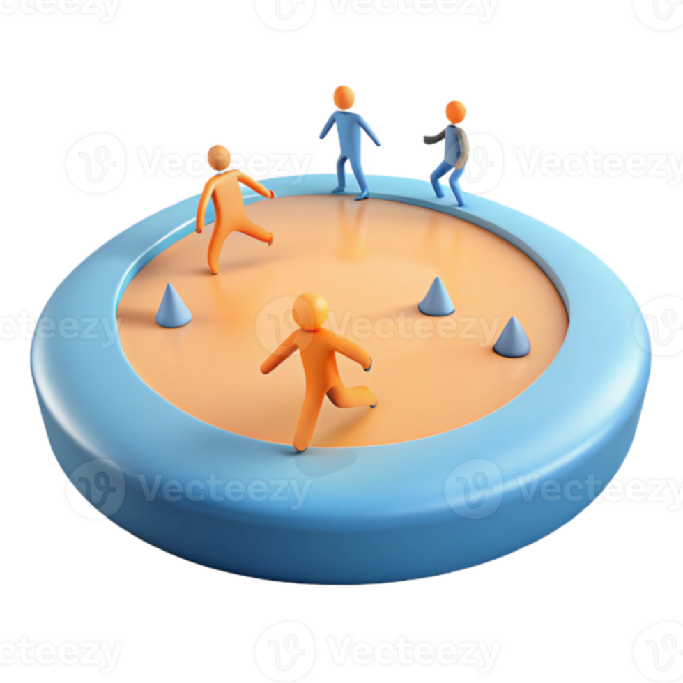 3D Render of Four Figures on a Circular Platform with Conical Objects png