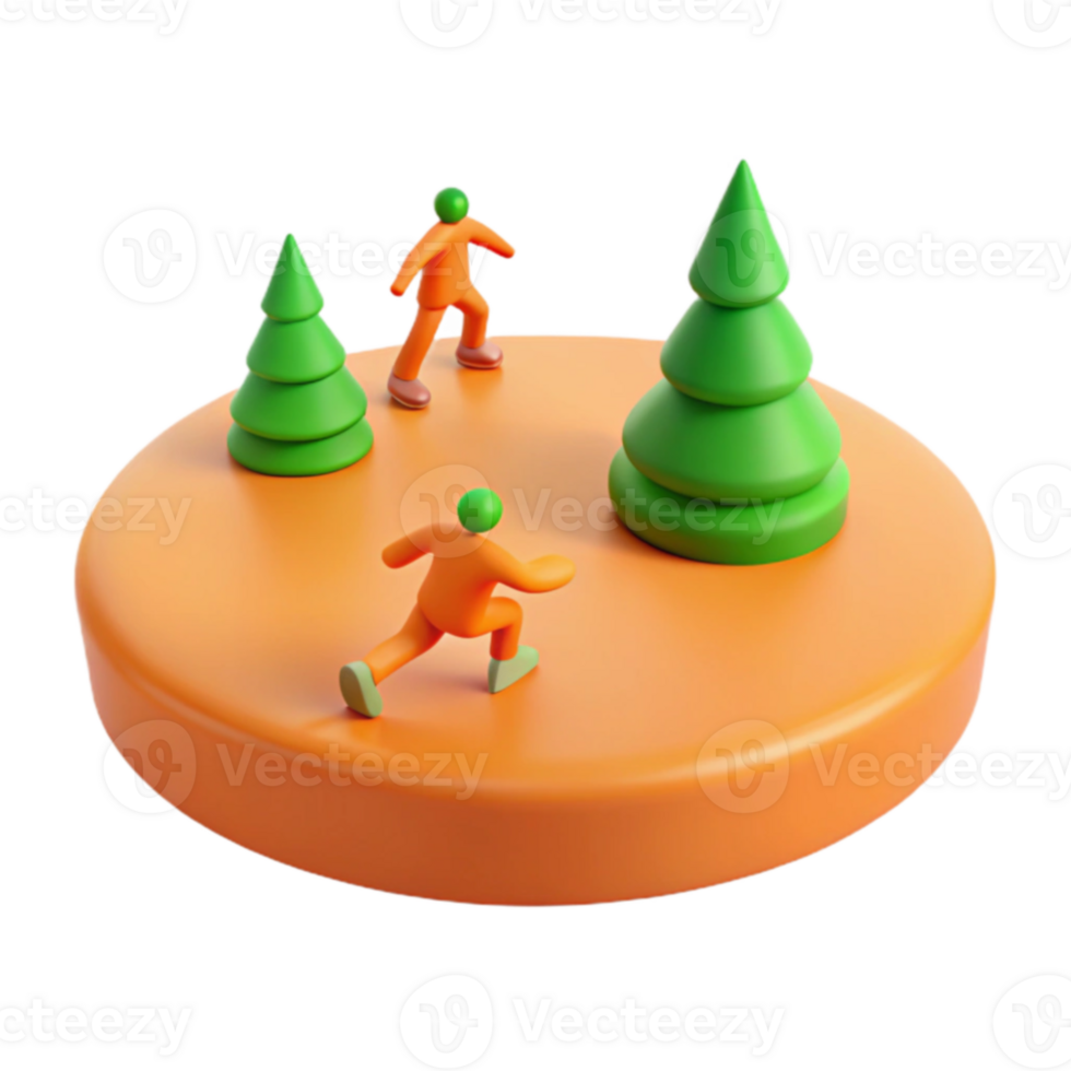 3D Render of Two Figures and Two Trees on a Round Platform png