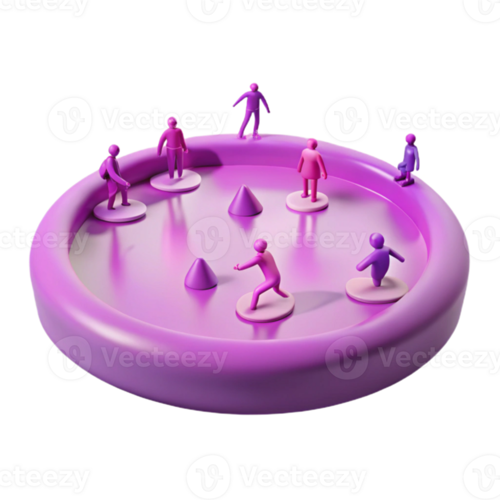 3D Render of Figures Around a Circular Platform with Cones png