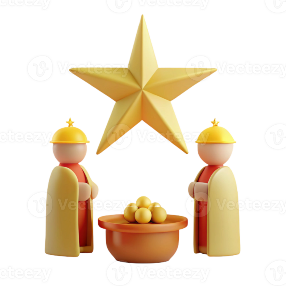 3D Illustration of Nativity Scene with Star, Wise Men, and Gifts png