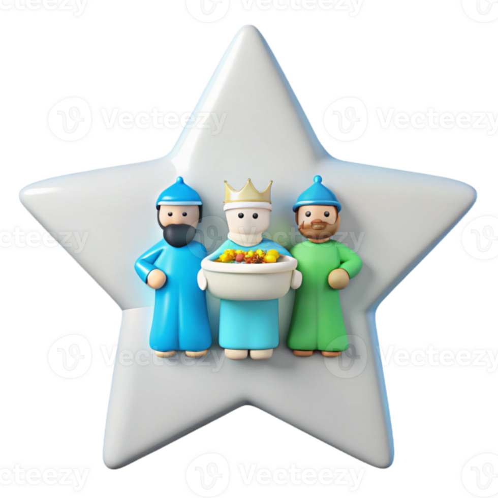 3D Illustration of Three Wise Men with Gifts Standing on a Star png