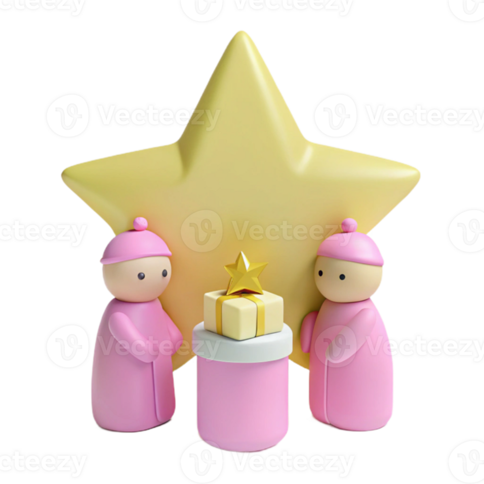 3D Rendered Illustration of Two Pink Characters Standing Beside a Gift Box with a Yellow Star png