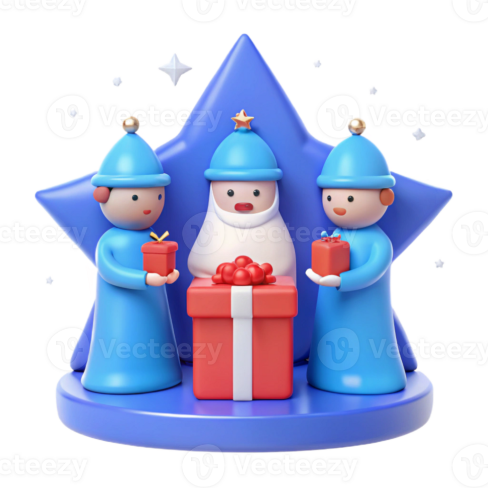 Cute Christmas Characters with Gifts Under a Star png