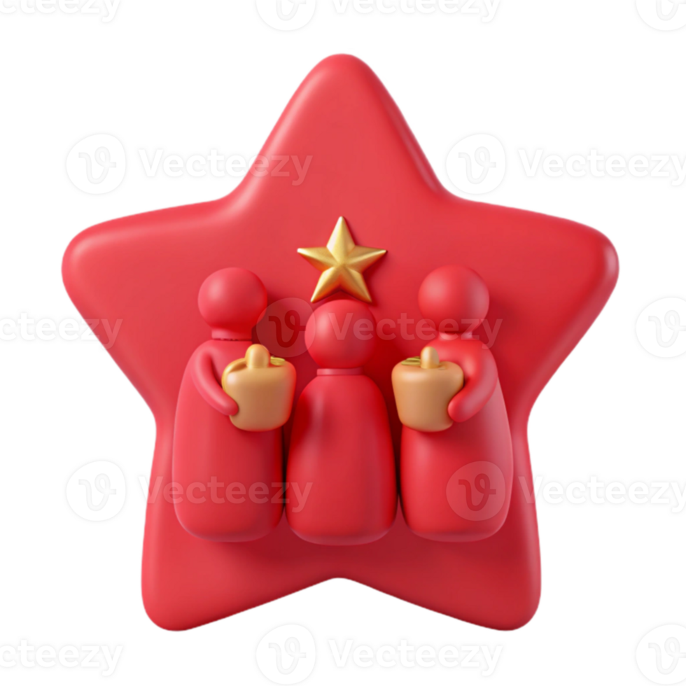 3D Render of Three People Standing Together on a Red Star with a Gold Star on Top Illustration png