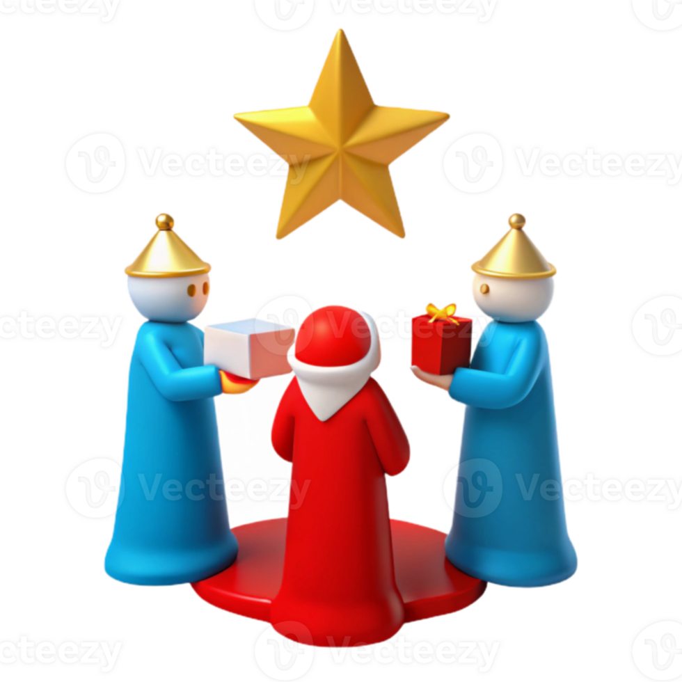 3D Rendered Christmas Scene with Star, Gifts, and Figures png