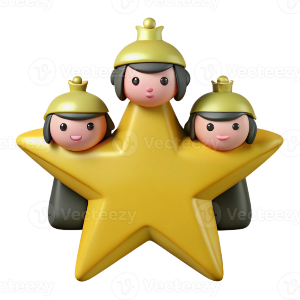 Three Cute 3D Characters Hiding Behind a Yellow Star png