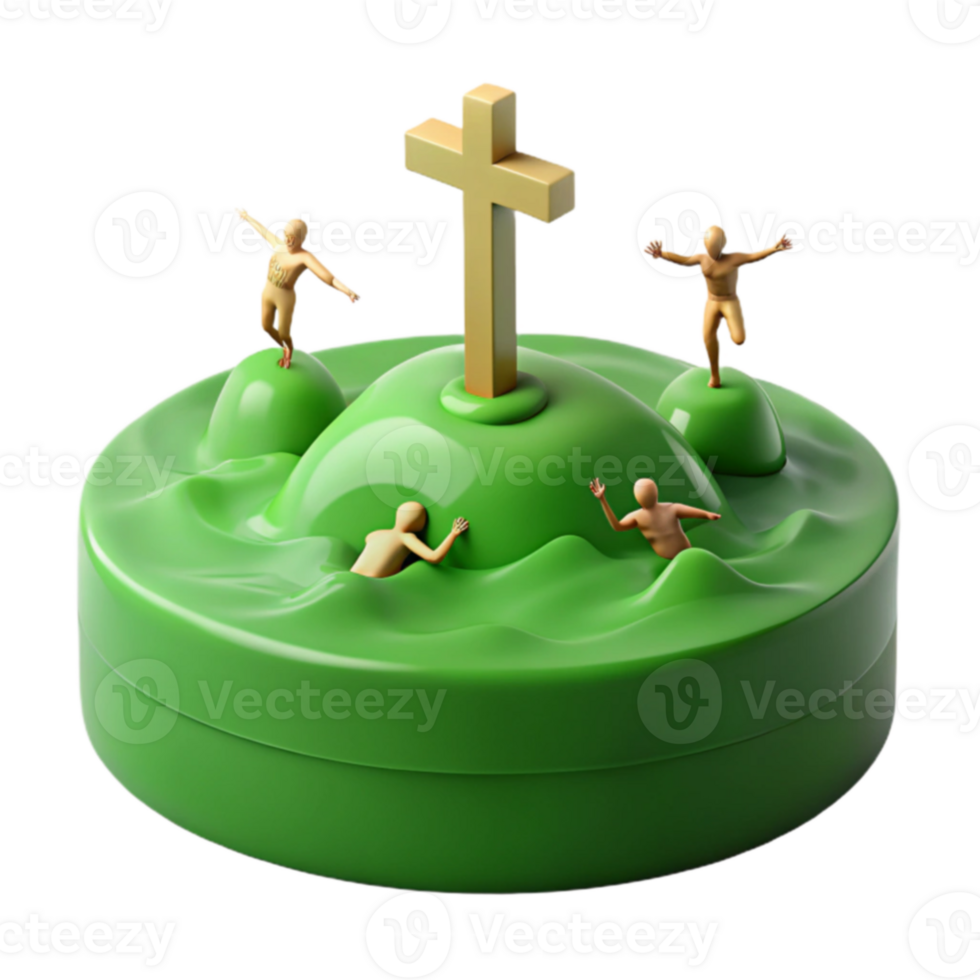 3D Render of a Golden Cross on a Green Island with Figures png