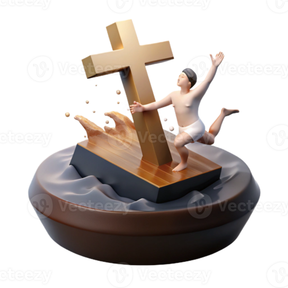 3D Illustration of a Person Holding onto a Cross Floating on Water png
