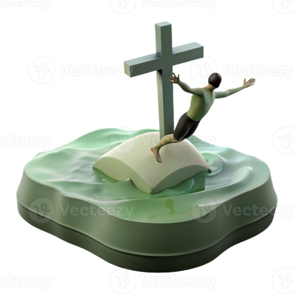 Reaching for Salvation A 3D Render of a Man on an Island with a Cross png